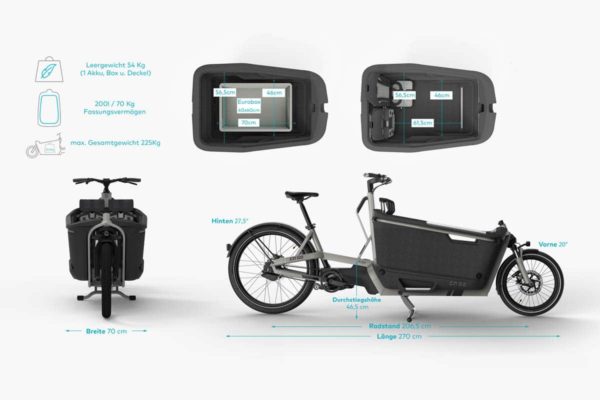 Abmessungen und technische Details des Cargobike Ca Go FS 200