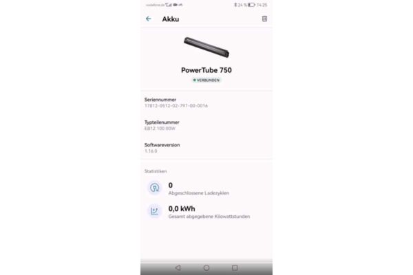 Angaben zum E-Bike-Akku Bosch PowerTube in der eBike Flow App von Bosch