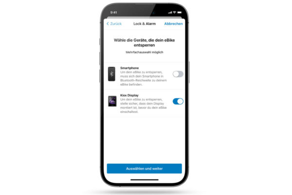 Mehrfachauswahl bei der Festlegung eines Schlüssels für eBike Lock in der eBike Flow App