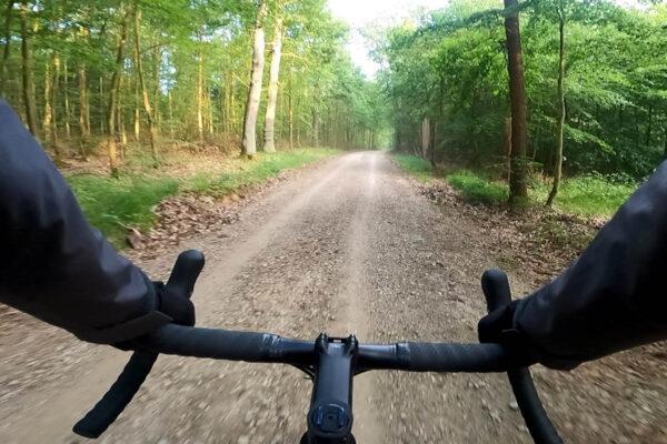 Fahrt mit dem E-Gravelbike Lapierre e-Crosshill 5.2 auf einem breiten Waldweg